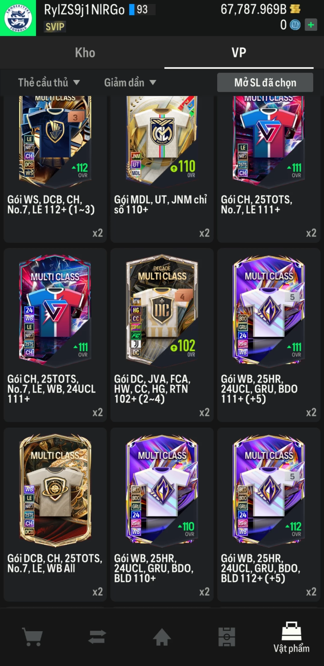 Ảnh ACC mở thẻ (LOẠI SVIP PROMAX) bao gồm 1 gói thẻ +12, thẻ PRIME và 1000+ thẻ cầu thủ từ Siêu sao đến Miền núi các loại. Có sẵn BP trắng trong acc từ 57.000 tỷ BP đến 67.000 tỷ BP, kèm theo nhiều ngày SVIP